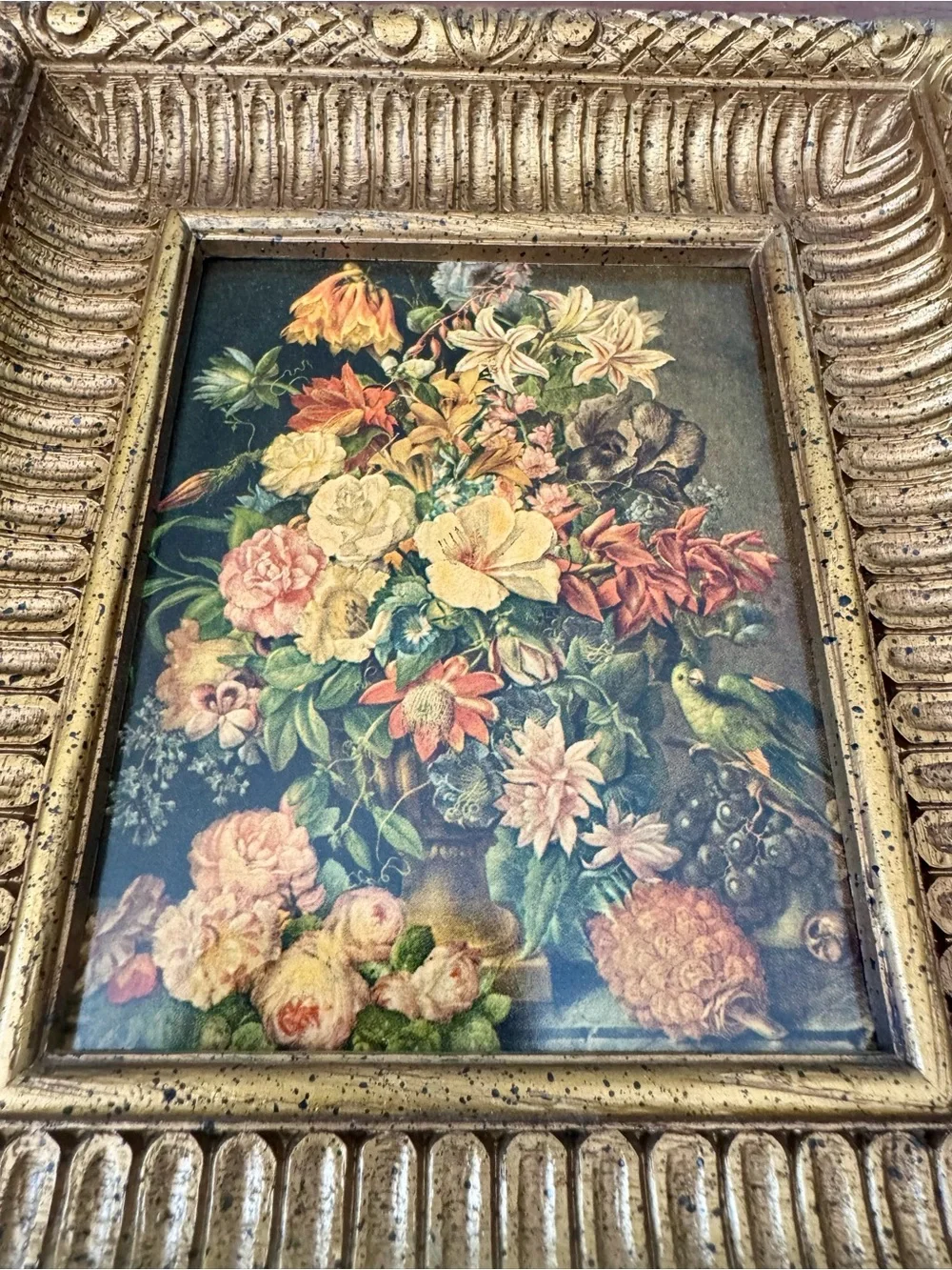 2 VTG Floral Still Life Wall Art 1970s Gold Framed  Baroque Syroco Style Plastic